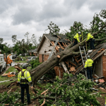Storm-damaged tree fallen on a house in Oklahoma while emergency tree removal crews assess the damage.