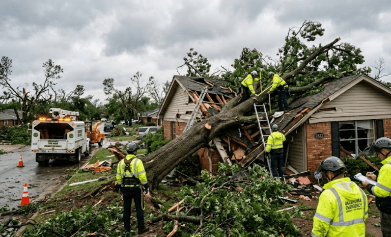 Storm-damaged tree fallen on a house in Oklahoma while emergency tree removal crews assess the damage.